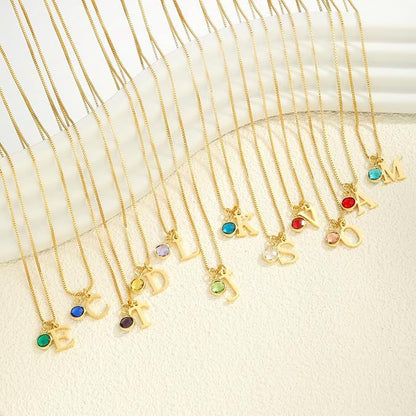 14K Gold Plated Initial Birthstone Necklace Clavicle Chain