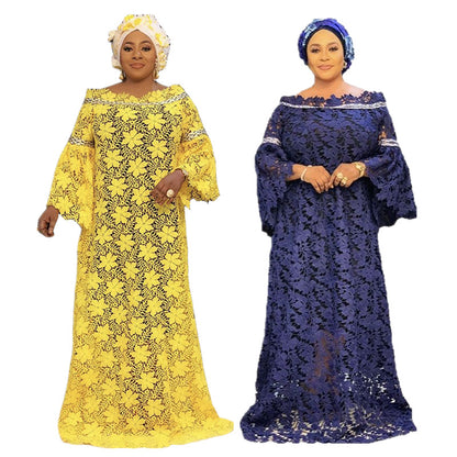 African Lace Loose Plus Size Gown Dress Trumpet Sleeve Fashion Dress with Turban