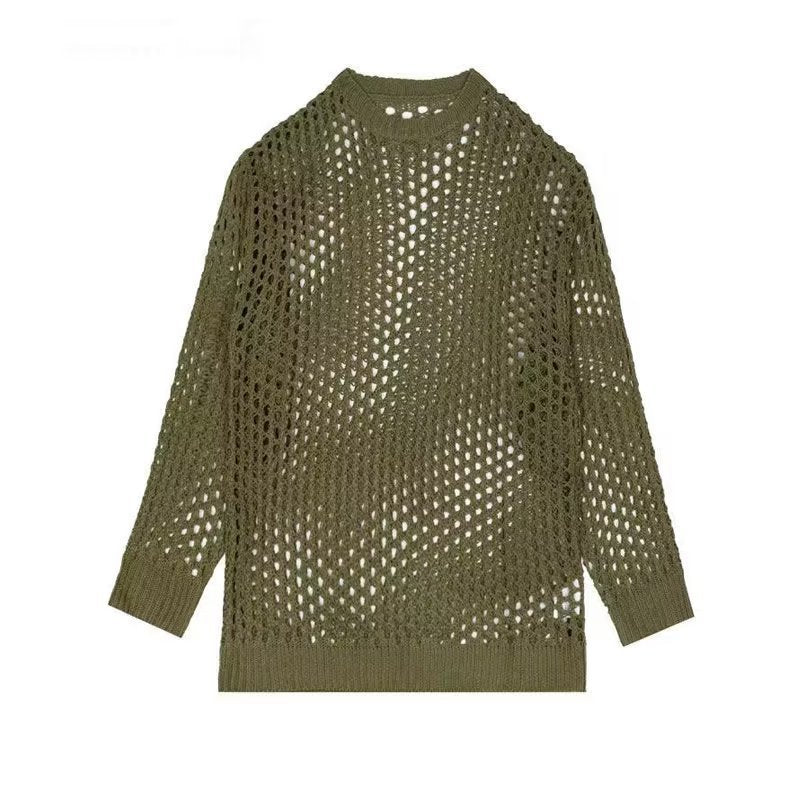 Hollow Loose Knitwear Mesh Round Neck Tops