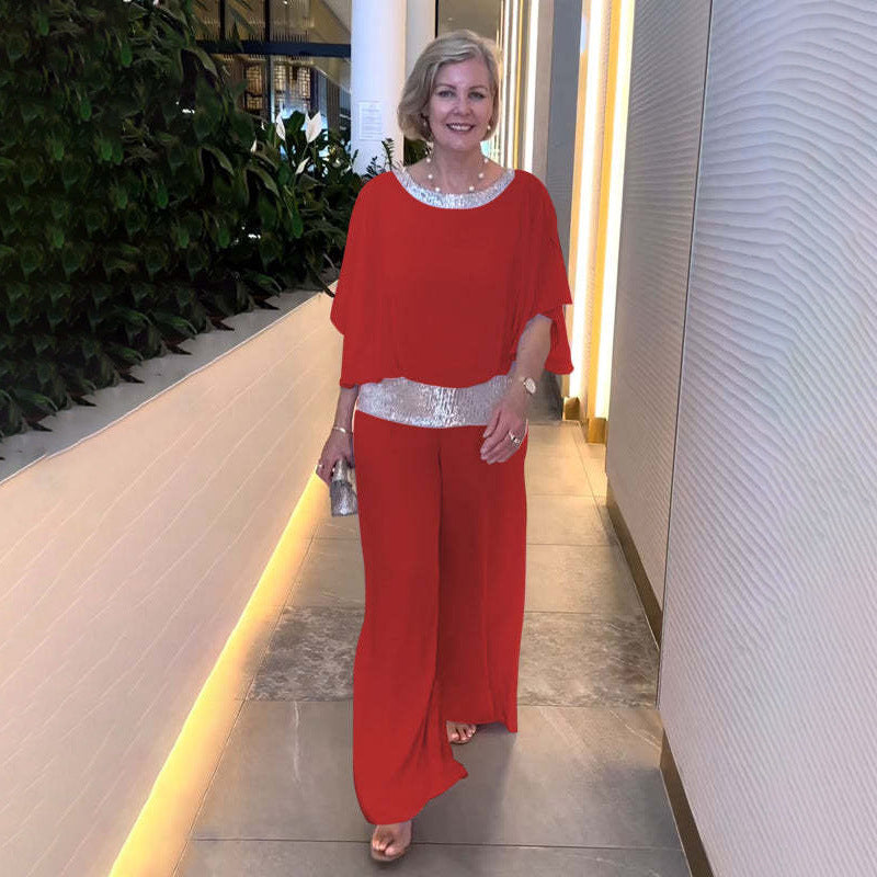 Sequin Bat Sleeve Shirt and Wide Leg Pants Set