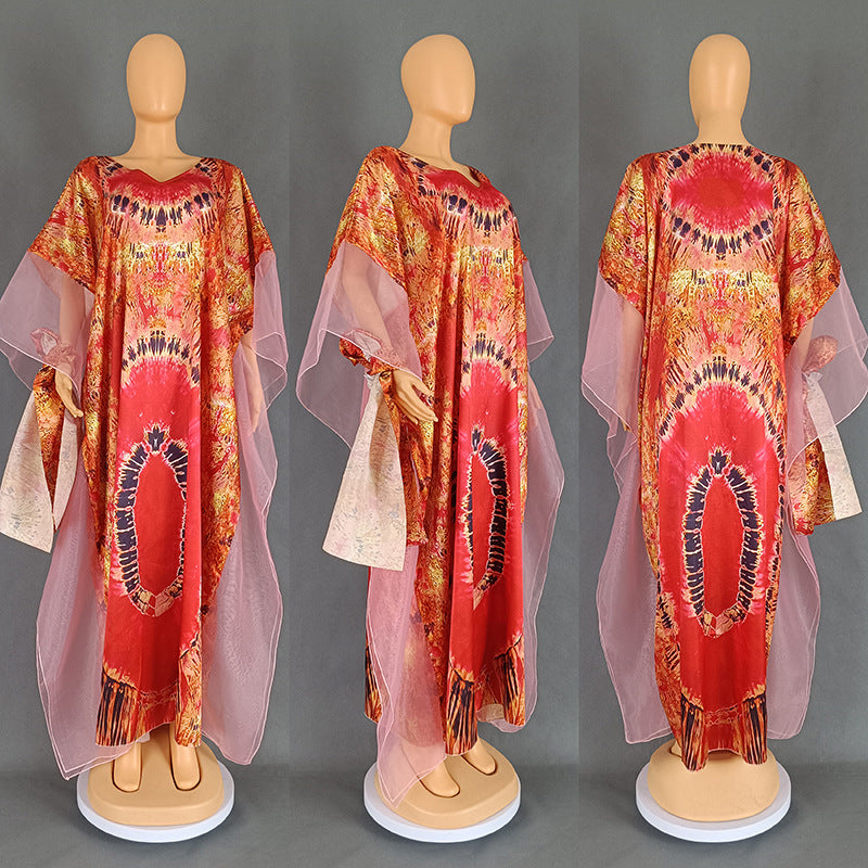 African Ethnic Print Mesh Long Dress with Headscarf
