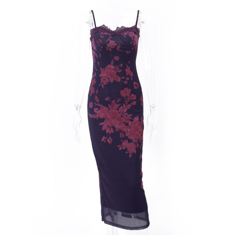 Vintage Print Lace Trim Backless Dress Drip Depot