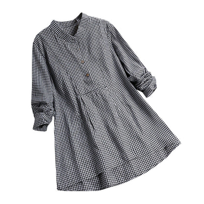 Plaid Stand Collar Pullover Shirt Long Sleeve  Top