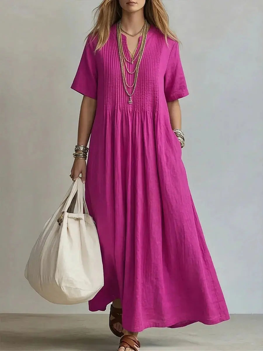 Women's V-Neck Pleated Cotton Linen Dress Drip Depot