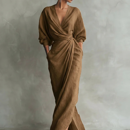 Solid Color V-Neck Long Sleeve Dress