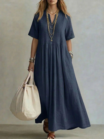 Women's V-Neck Pleated Cotton Linen Dress Drip Depot
