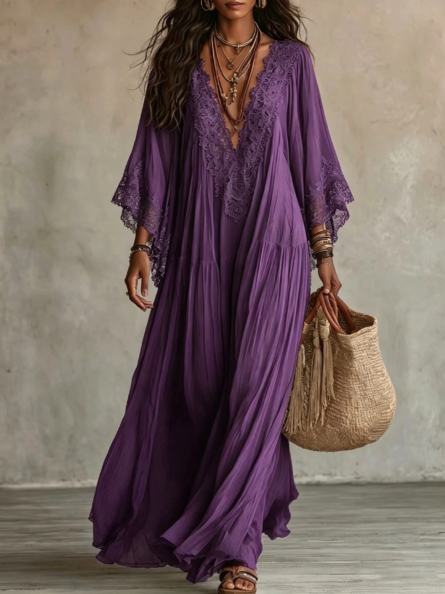 Lace Patchwork V-Neck Long Dress