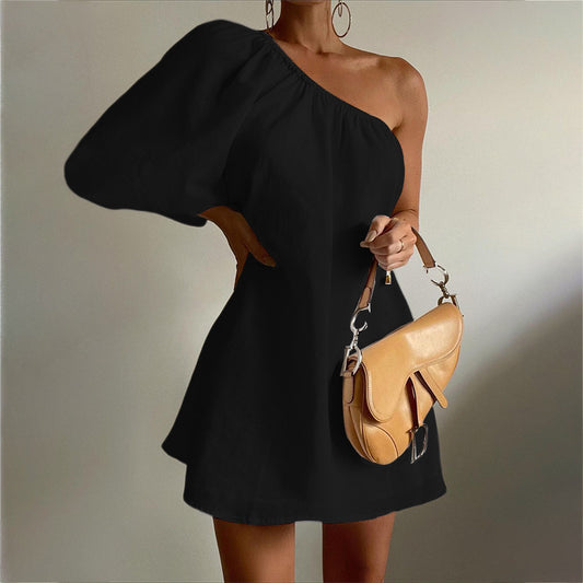 Oblique Shoulder Flared Sleeve Dress