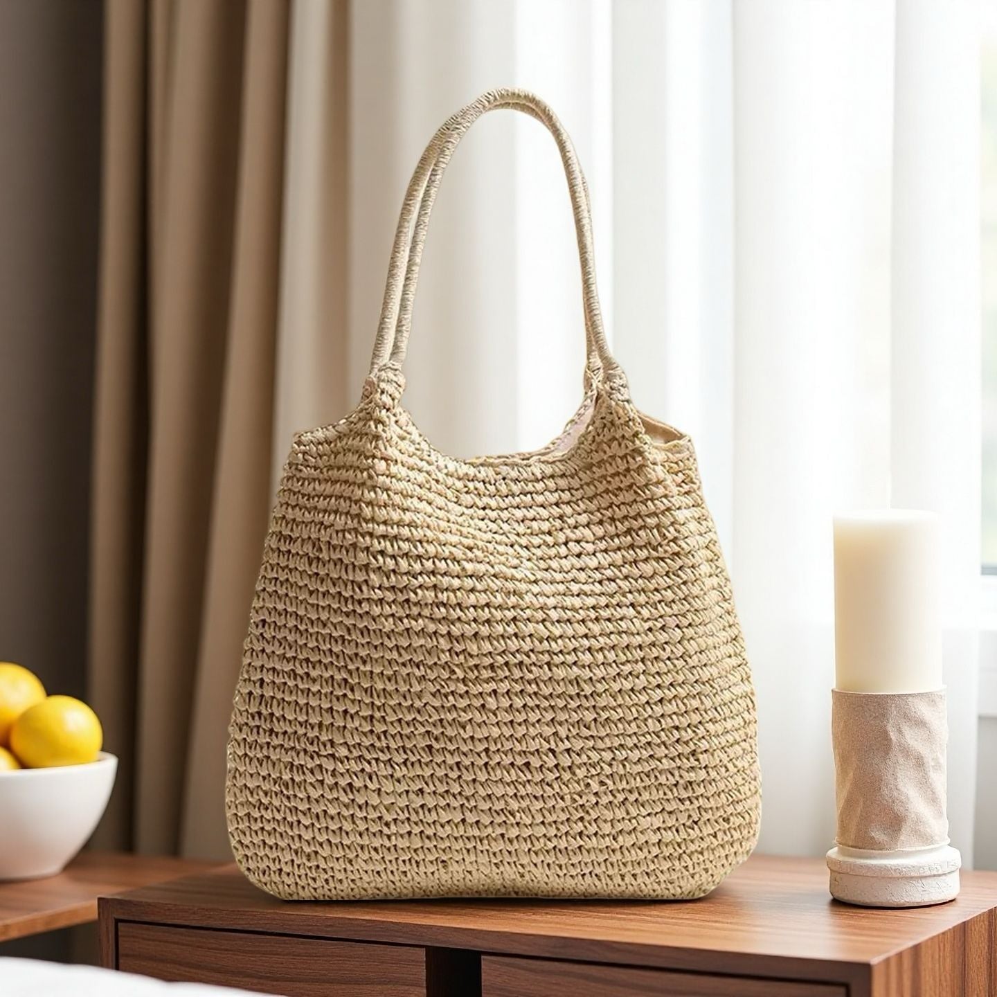 Hand-Woven Straw Tote Bag with Shoulder Strap