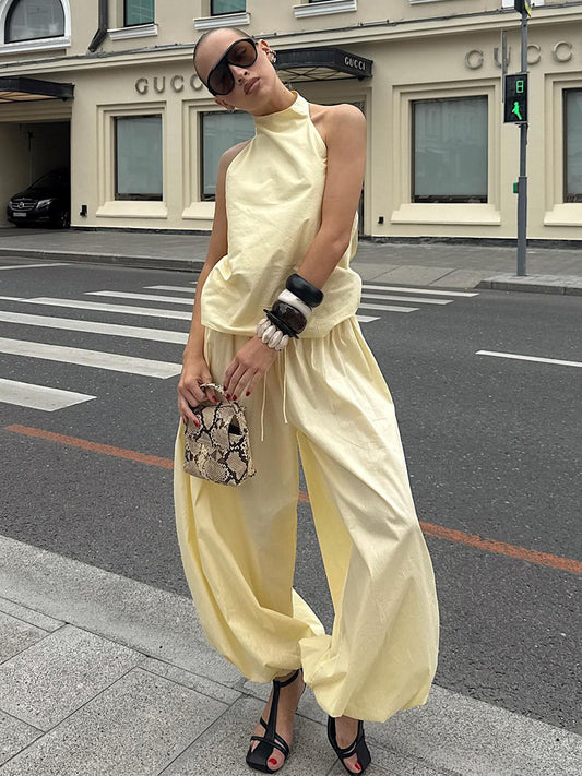 Sleeveless Halter Neck Top and Lantern Pants Set