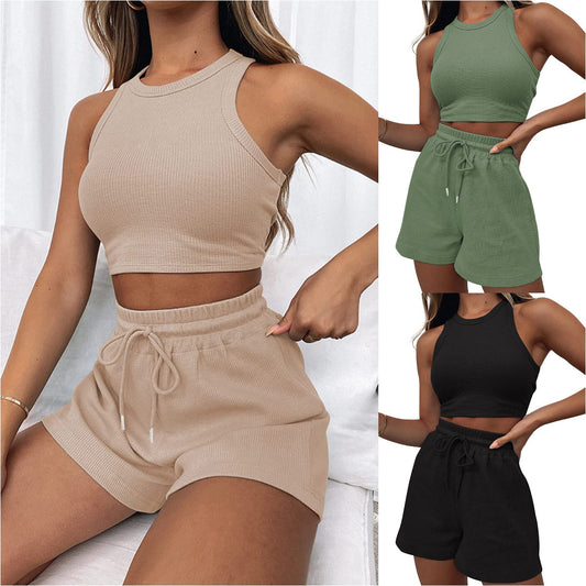 Sleeveless Waffle Vest and Shorts Set