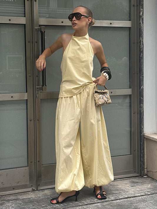 Sleeveless Halter Neck Top and Lantern Pants Set