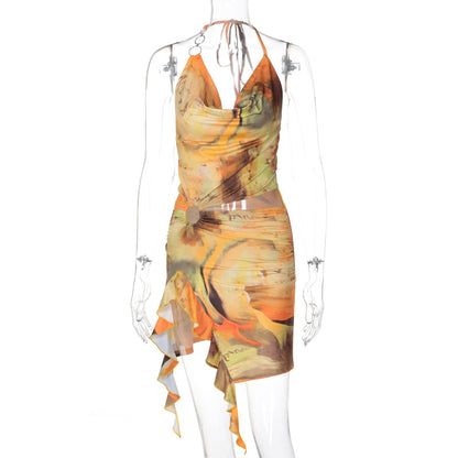 printing sexy backless lace dress