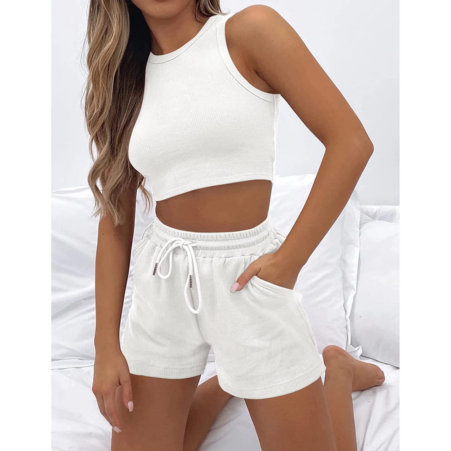 Sleeveless Waffle Vest and Shorts Set