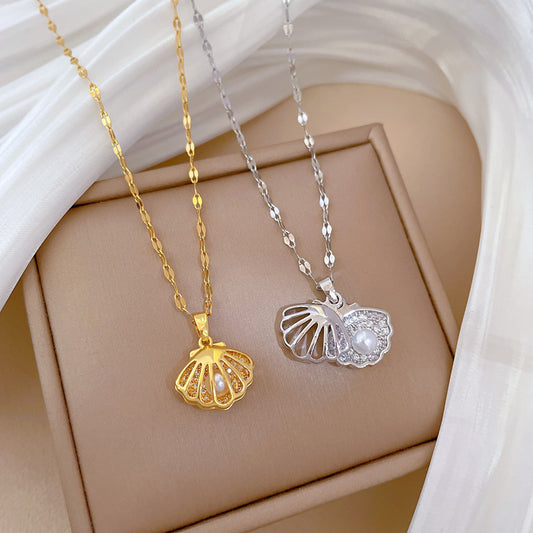 Titanium Steel Diamond Micro Zircon Hollow Shell Pearl Necklace