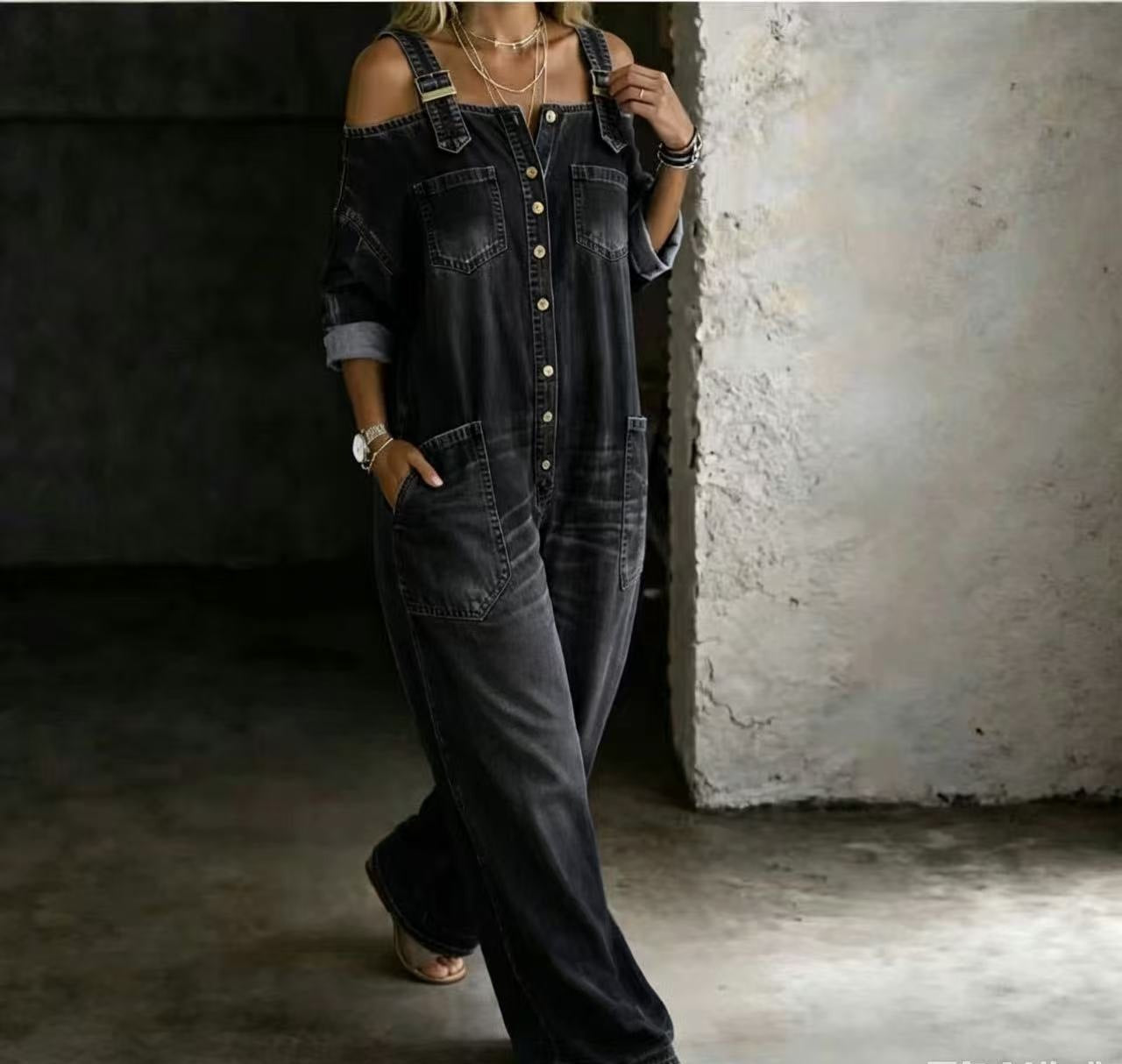 Off-Shoulder Denim Wide-Leg Jumpsuit