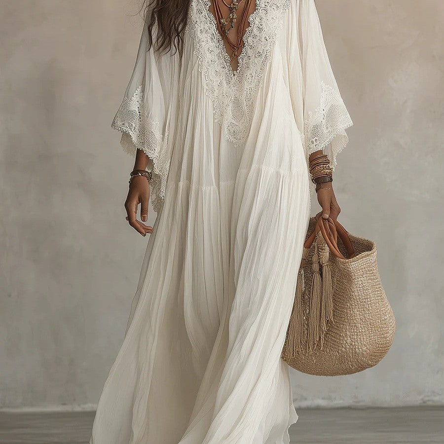 Lace Patchwork V-Neck Long Dress