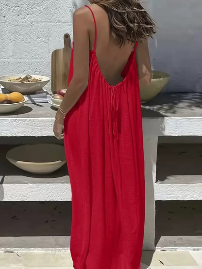 Backless halter maxi dress for beach vacations