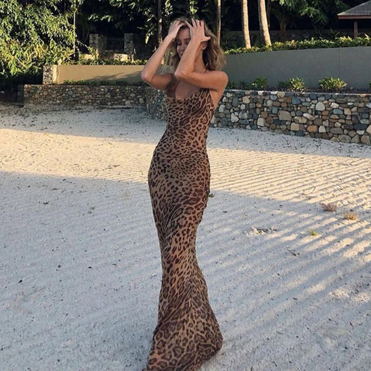 Women's Leopard Print Open Back Long Dress Drip Depot