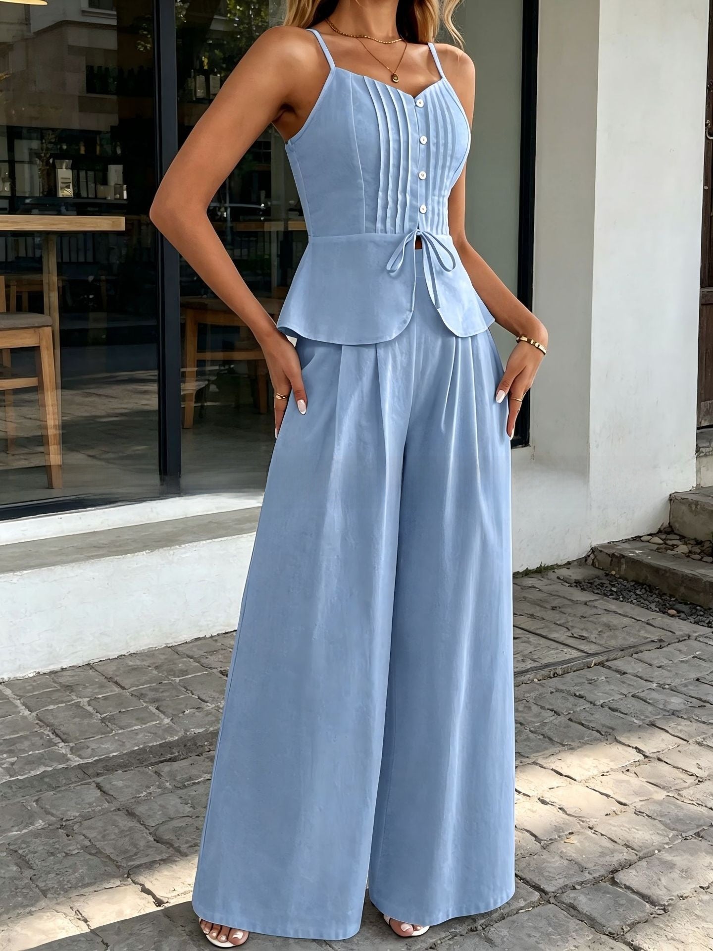 French-Style Waist-Cinching Pleated Ruffle Hem Set