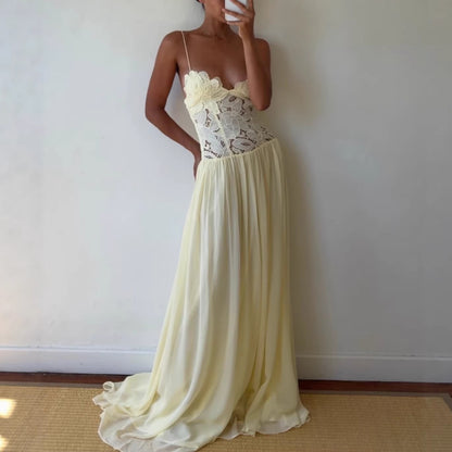 Cream Floral Lace Cross Back Long Dress