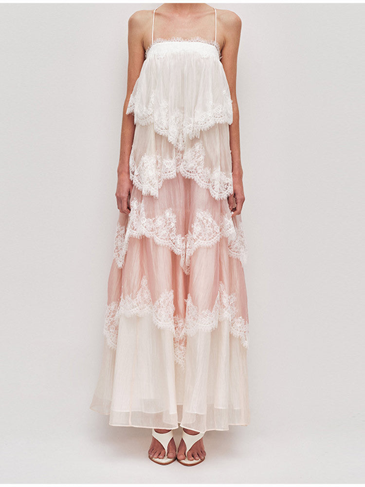 Lace Patchwork Backless Tiered Dress