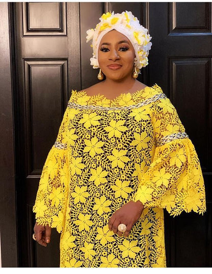 African Lace Loose Plus Size Gown Dress Trumpet Sleeve Fashion Dress with Turban
