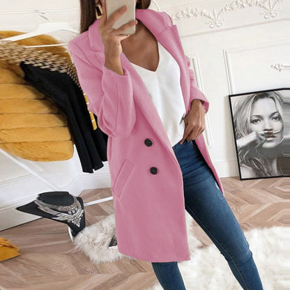 Solid Color Lapel Mid Length Button Wool Coat