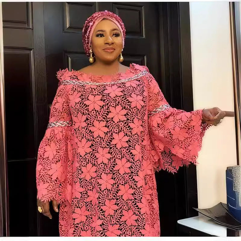 African Lace Loose Plus Size Gown Dress Trumpet Sleeve Fashion Dress with Turban