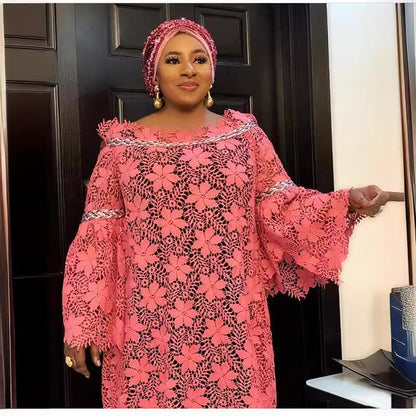 African Lace Loose Plus Size Gown Dress Trumpet Sleeve Fashion Dress with Turban
