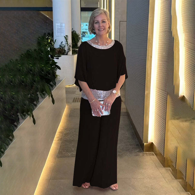 Sequin Bat Sleeve Shirt and Wide Leg Pants Set