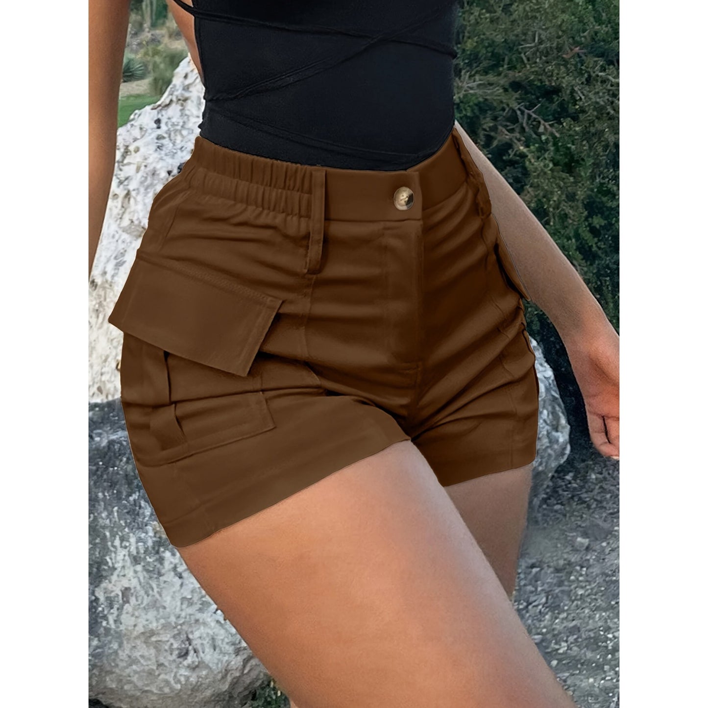 High Waist Button Front Cargo Shorts