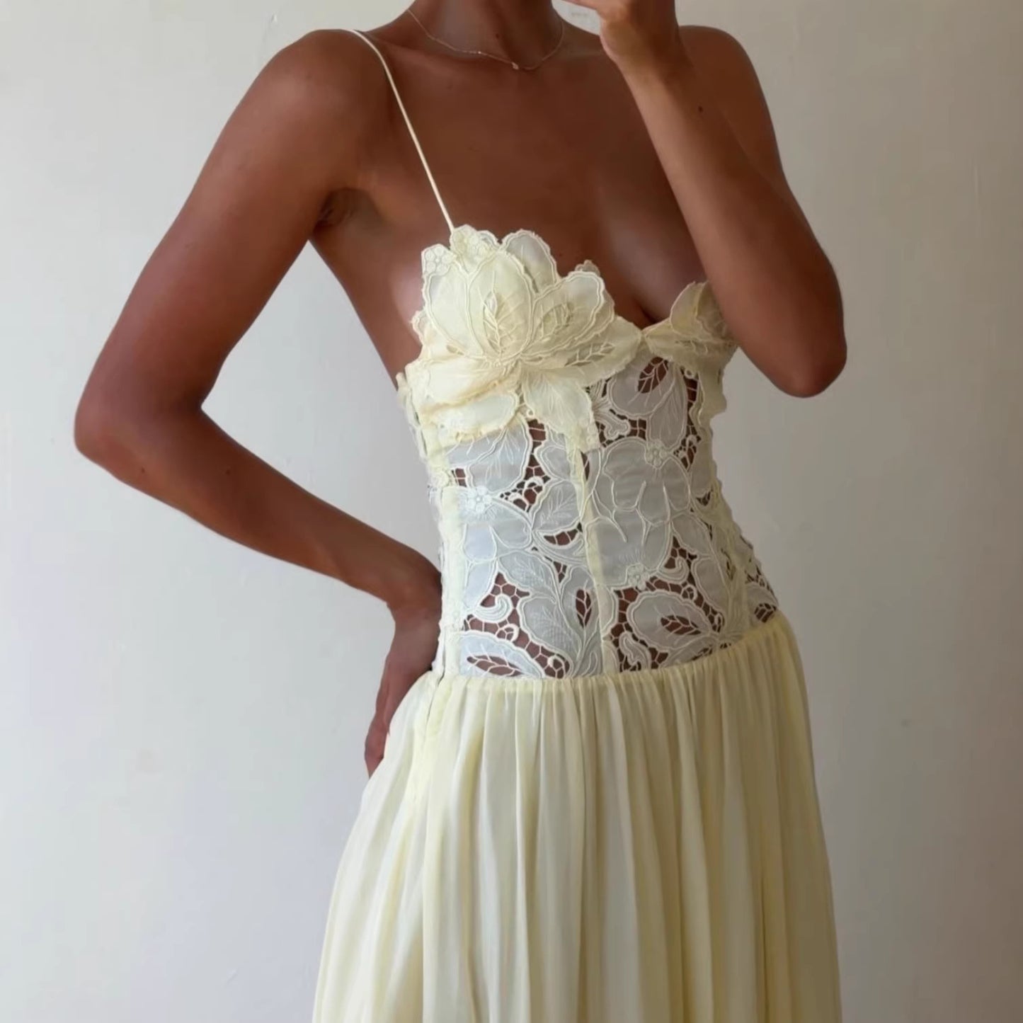 Cream Floral Lace Cross Back Long Dress