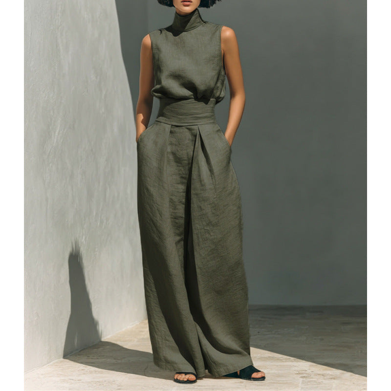 Cotton and Linen Sleeveless Long Pants Casual Set for Women