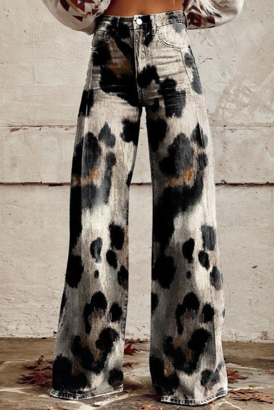 Digital Printed Five-Pointed Star Faux Denim Wide-Leg Pants, 3D Flared Trousers