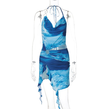 printing sexy backless lace dress