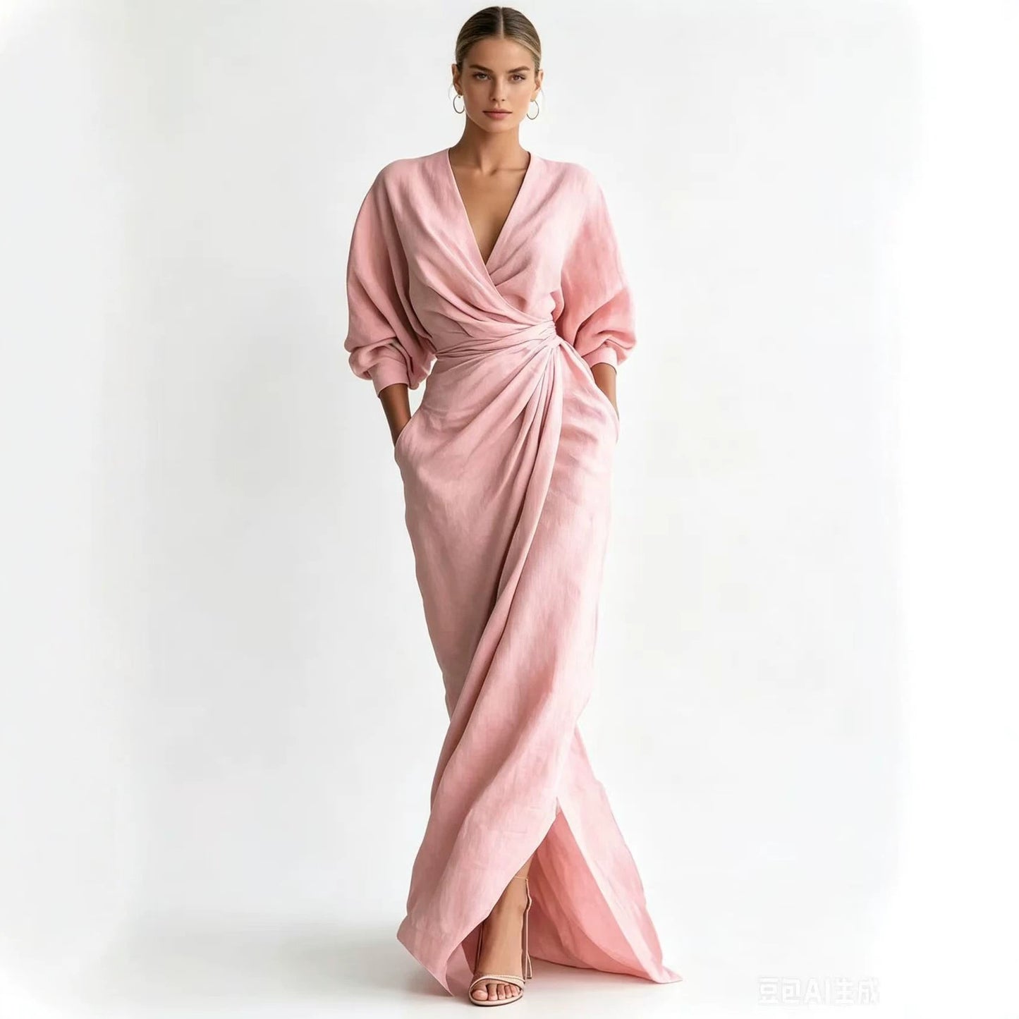 Solid Color V-Neck Long Sleeve Dress