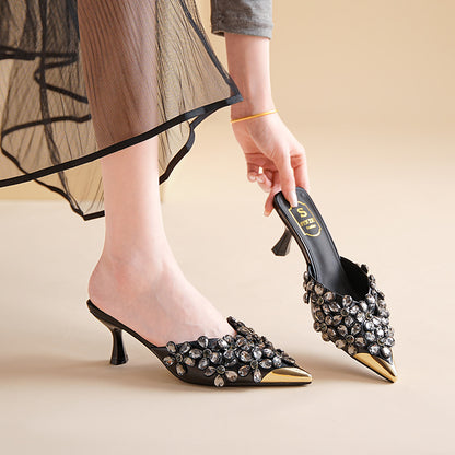 Beaded Pointed Toe High Heel Slippers