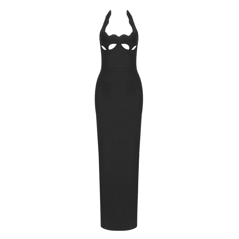 Retro Halter Neck Long Dress with Hollow-Out Design