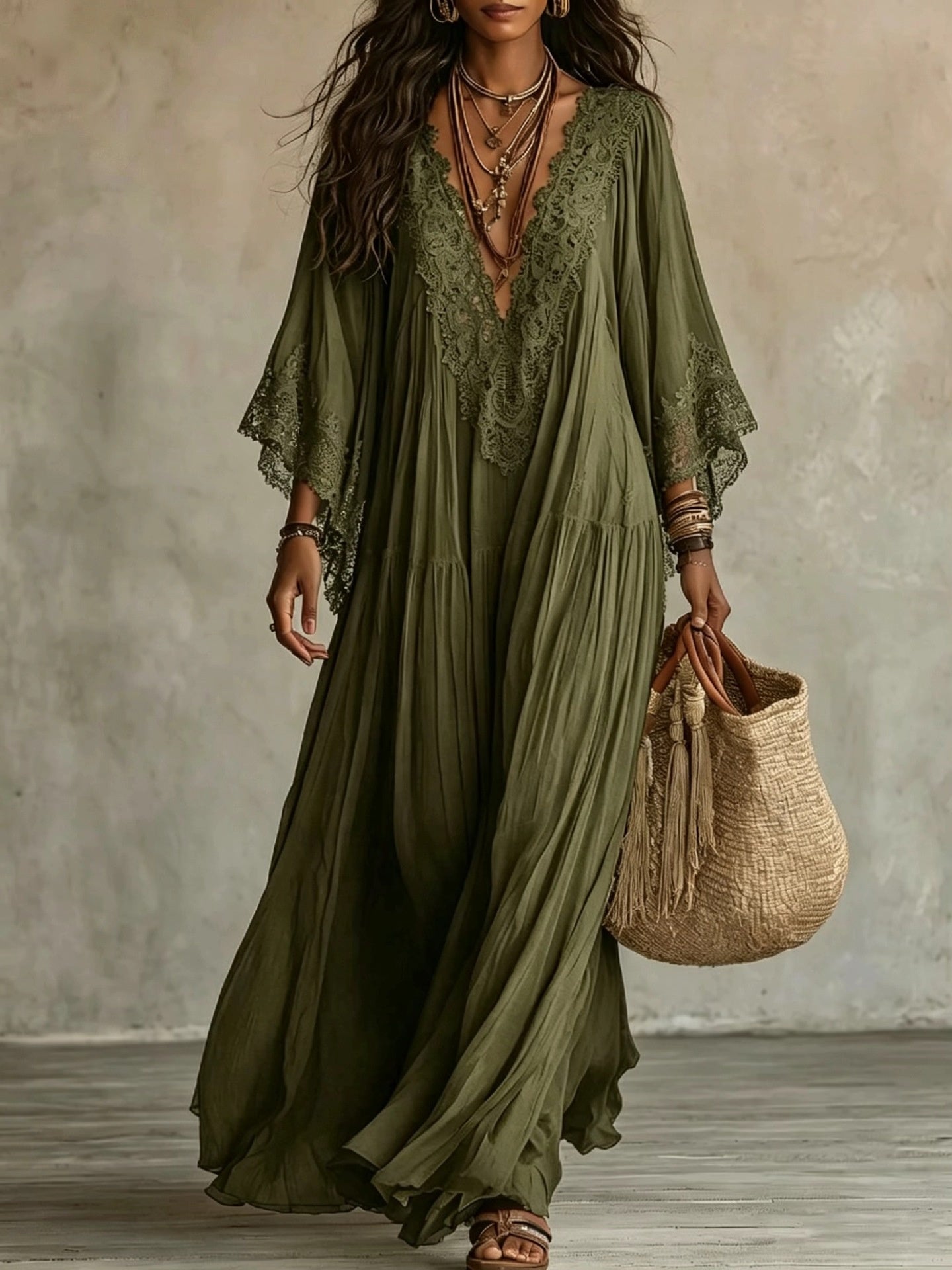 Lace Patchwork V-Neck Long Dress