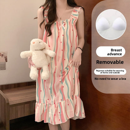 Sling Nightgown  Thin Cute Sweet Pajamas with Chest Pad