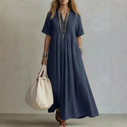 Women's V-Neck Pleated Cotton Linen Dress Drip Depot