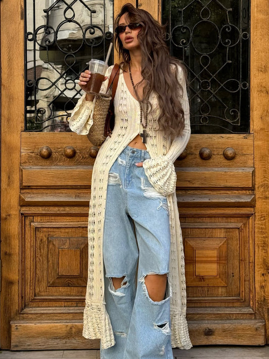Long Knitted Cardigan with Crochet Detail