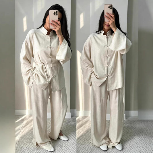 Retro Slim-Fit Long Sleeve Lapel Wide-Leg Pants Set