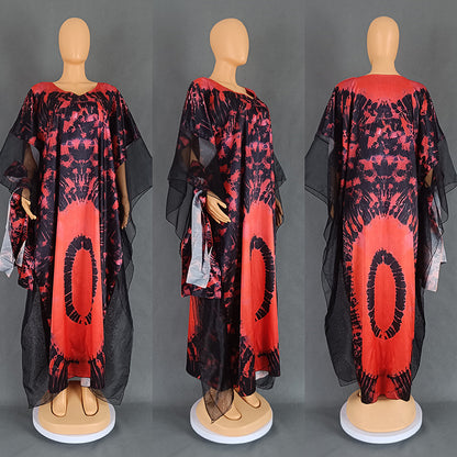 African Ethnic Print Mesh Long Dress with Headscarf