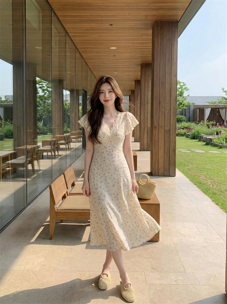 Floral Print Lace Neckline Flutter Sleeve Dress