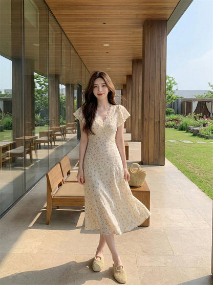 Floral Print Lace Neckline Flutter Sleeve Dress