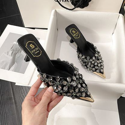 Beaded Pointed Toe High Heel Slippers