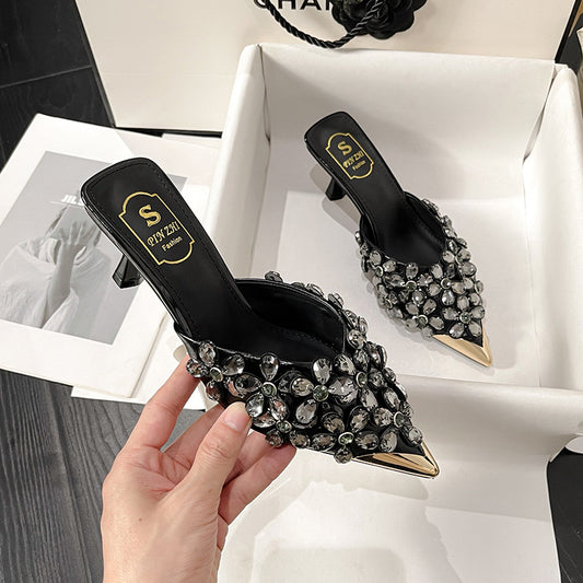 Beaded Pointed Toe High Heel Slippers