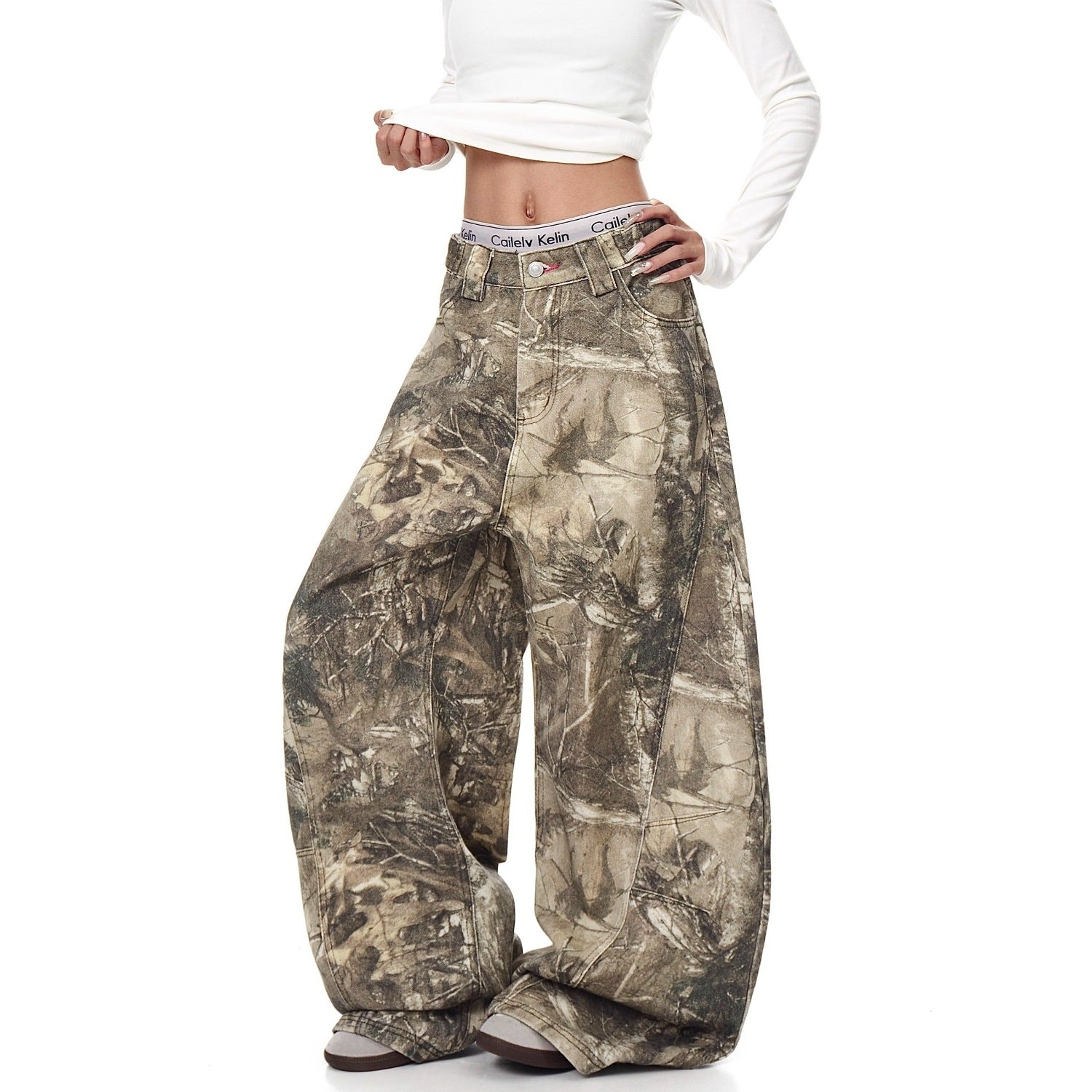 American Street Letter Embroidery Branch Camouflage Jeans for Men and Women Drip Depot
